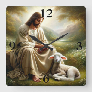 Horloge Carrée Jésus et Agneau