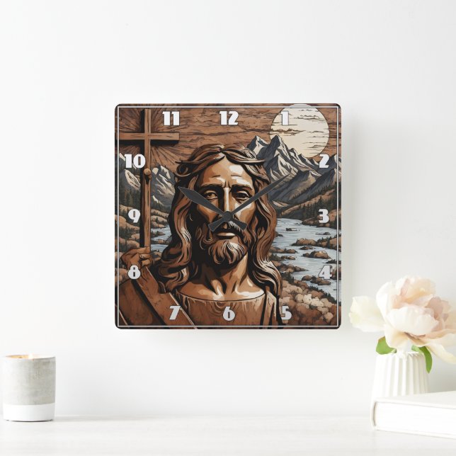 Horloge Carrée Jésus Holding Cross by Mountain River au coucher d (Maison)