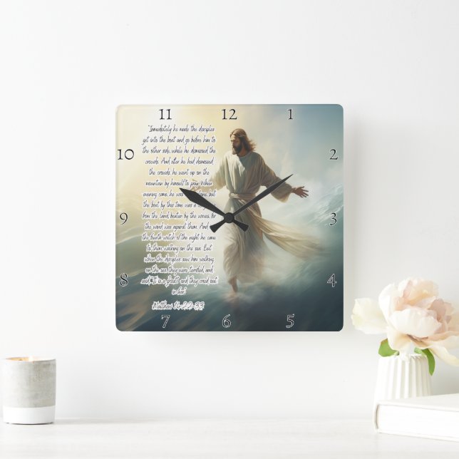 Horloge Carrée Jésus : Marcher sur l'eau, la foi (Maison)