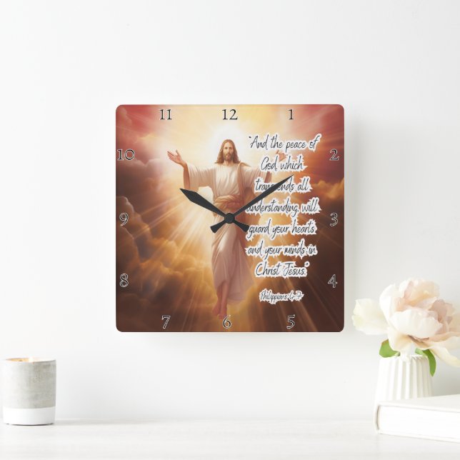 Horloge Carrée Jésus : Paix, Compréhension, Philippiens (Maison)