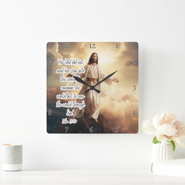 Horloge Carrée Jésus : Sauvez le Monde, Jean 3:17 (Maison)