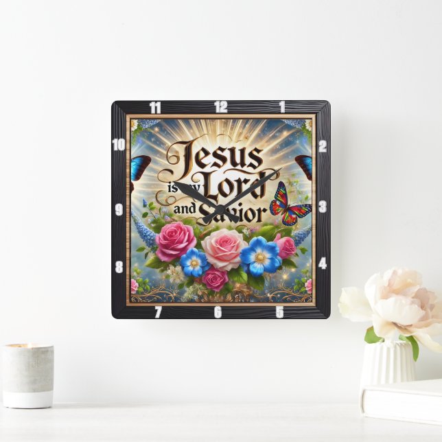 Horloge Carrée Jésus Seigneur sauveur papillons floraux (Maison)