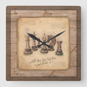 Horloge Carrée Jeu d'échecs sur Grunge Joueur en bois