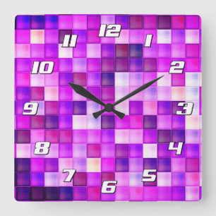 Horloge Carrée Jeu vidéo Pixels Carré rose Motif avec des nombres