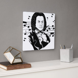 Horloge Carrée Johann Sebastian Bach Portrait et buste avec notes