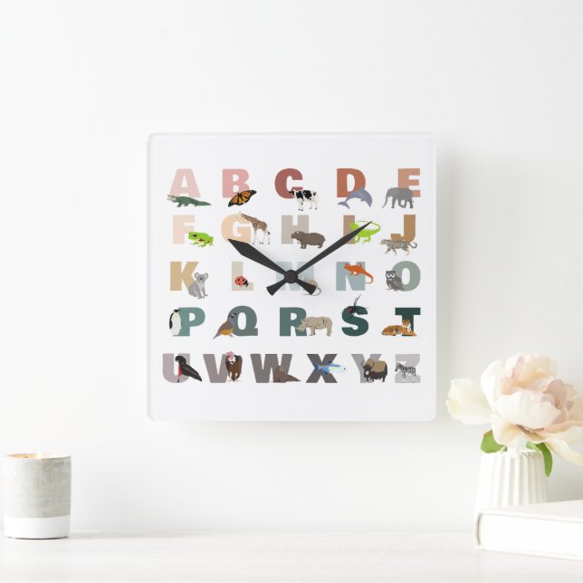 Horloge Carrée Joli Alphabet ABC Animaux (Maison)