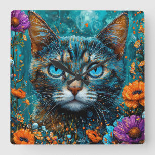 Horloge Carrée Joli Chat Floral