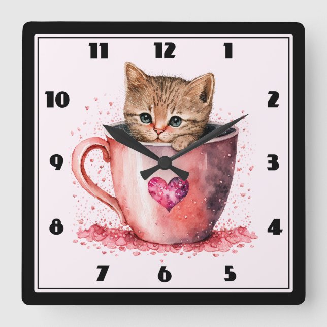 Horloge Carrée Joli Chatons dans une Tasse à Thé avec des Cœurs (Recto)