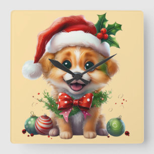 Horloge Carrée Joli chiot de Noël avec le chapeau de Père Noël et
