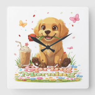 Horloge Carrée Joli chiot Golden Retriever Matin de printemps