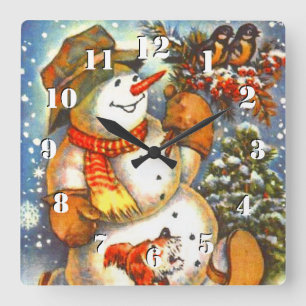 Horloge Carrée Joli Frosty le bonhomme de neige vintage Un Noël