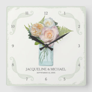 Horloge Carrée Joli Mason Jar avec Rose Fleurs dans Fern Leaf Swi
