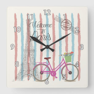 Horloge Carrée Jolie et colorée Bienvenue à Paris