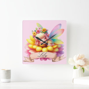 Horloge Carrée Jolie Fée Endormie Rêves Suaves Floraux Fantaisist