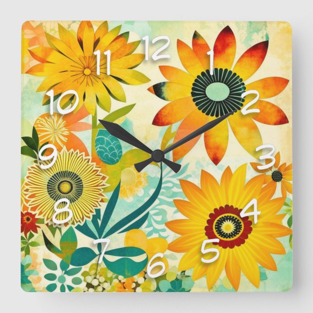 Horloge Carrée Jolie folk Art Fleurs Jaunes (Recto)