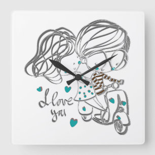 Horloge Carrée Jolie illustration numérique "Je t'aime" dessinée