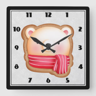 Horloge Carrée Jolie Ours Visage Rouge Écharpe et Joues Rosy Noël