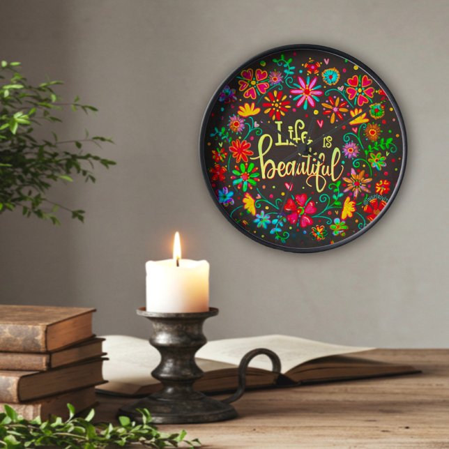 Horloge Carrée Jolie vie florale est belle Inspirivity Noir (Créateur téléchargé)