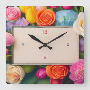 Horloge Carrée Jolies roses tulipes hydrangeas florales encadrées