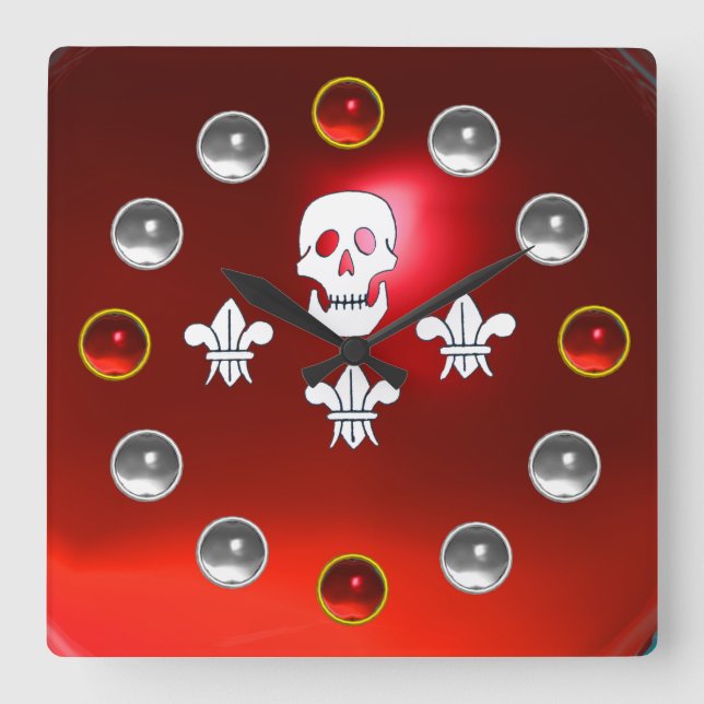 Horloge Carrée JOLLY ROGER SKULL TROIS LILIES DRAPEAUX BLANCS Rou (Recto)