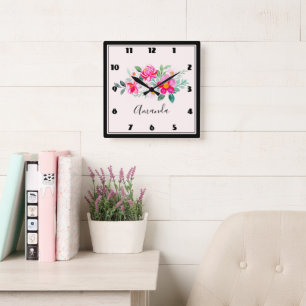 Horloge Carrée Jouer Joli Bouquet de Fleur Rose