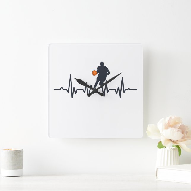 Horloge Carrée Joueur de basket-ball dribbling hearbeat (Maison)
