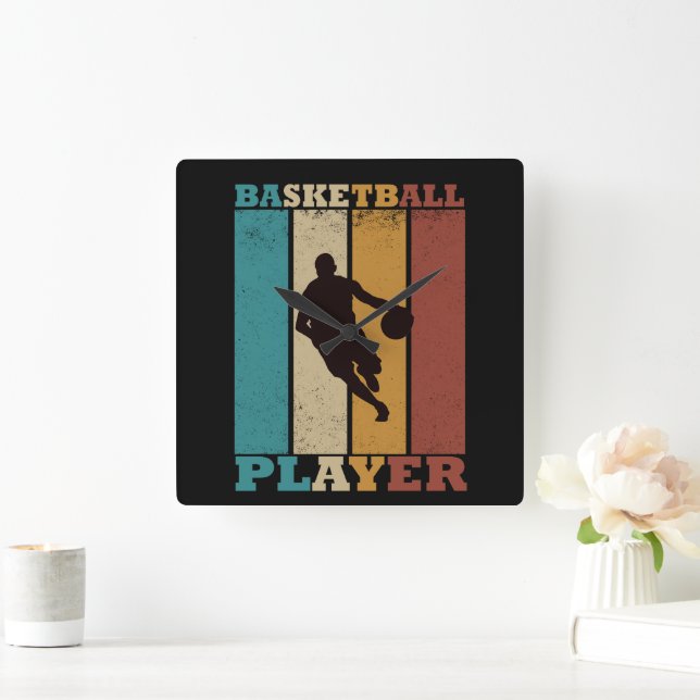 Horloge Carrée Joueur de basket dribbler style rétro vintage (Maison)