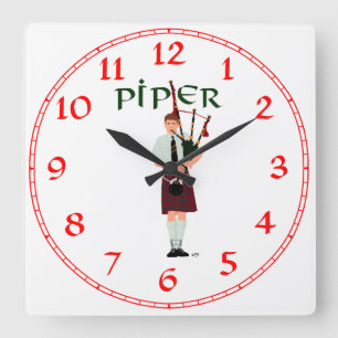 Horloge Carrée Joueur de cornemuse - Kilt Rouge