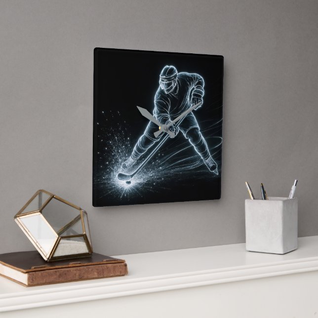 Horloge Carrée Joueur de hockey au néon sur glace (Bureau)