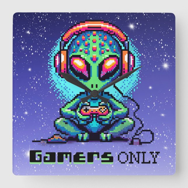 Horloge Carrée Joueurs uniquement | Pixel Art Alien (Recto)