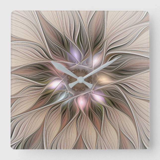 Horloge Carrée Joyeuse Fleur Abstrait Beige Brown Floral Fractal (Recto)