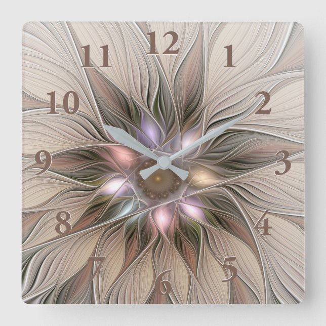 Horloge Carrée Joyeuse Fleur Abstrait Beige Brown Floral Fractal (Recto)