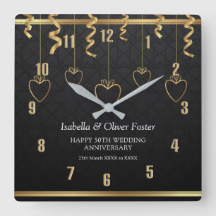 Horloge Carrée Joyeux 50e anniversaire de mariage Noir & Or