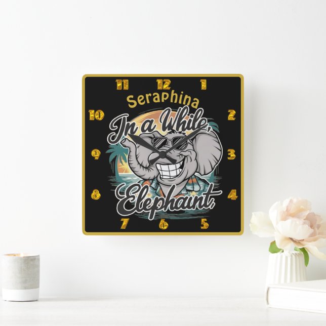 Horloge Carrée Joyeux éléphant à la plage ensoleillée