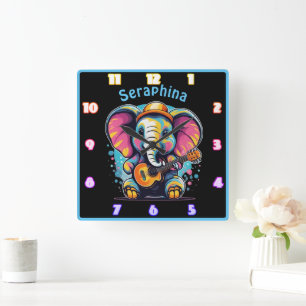 Horloge Carrée Joyeux éléphant battant une guitare