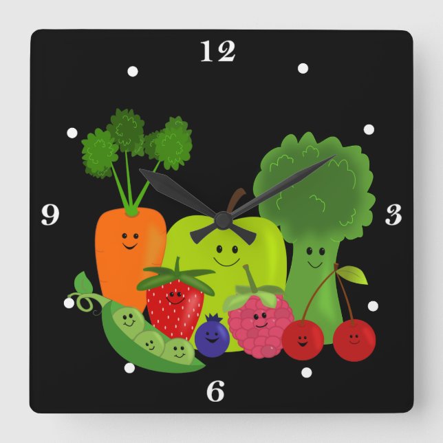 Horloge Carrée Joyeux Fruit et Veggie (Recto)