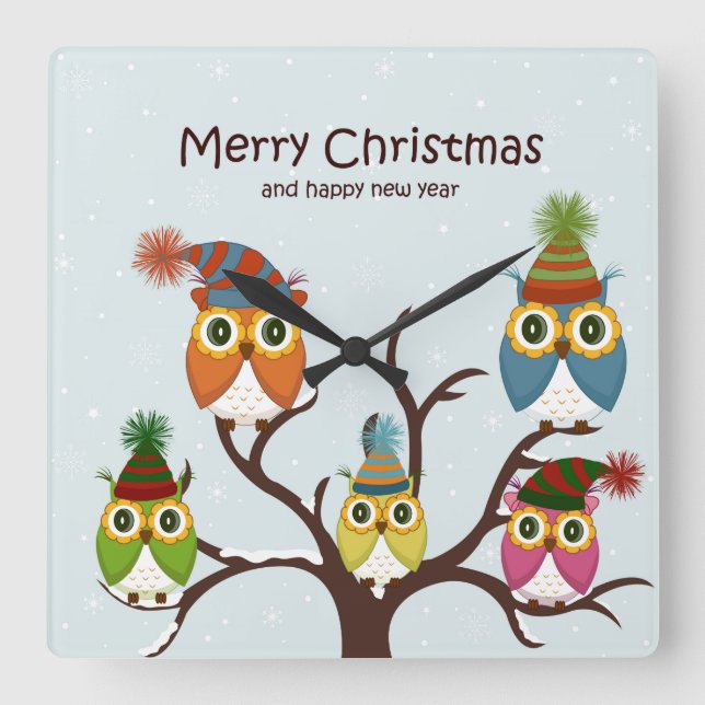 Horloge Carrée Joyeux hibou de Noël sur l'arbre (Recto)