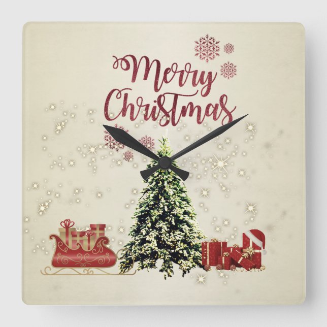 Horloge Carrée Joyeux Noël, Arbres de Noël, Présents, Sommeil (Recto)