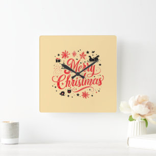 Horloge Carrée Joyeux Noël Design moderne   Rouge et blanc