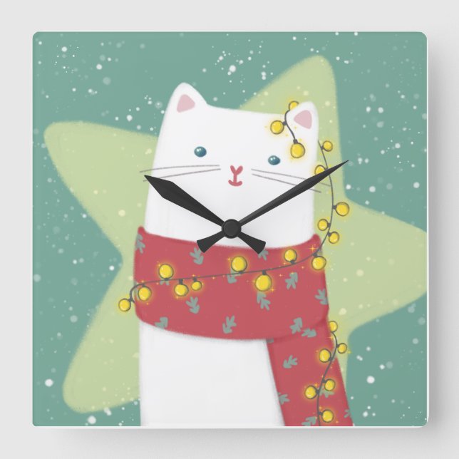 Horloge Carrée Joyeux Noël : Illustration de chat (Recto)