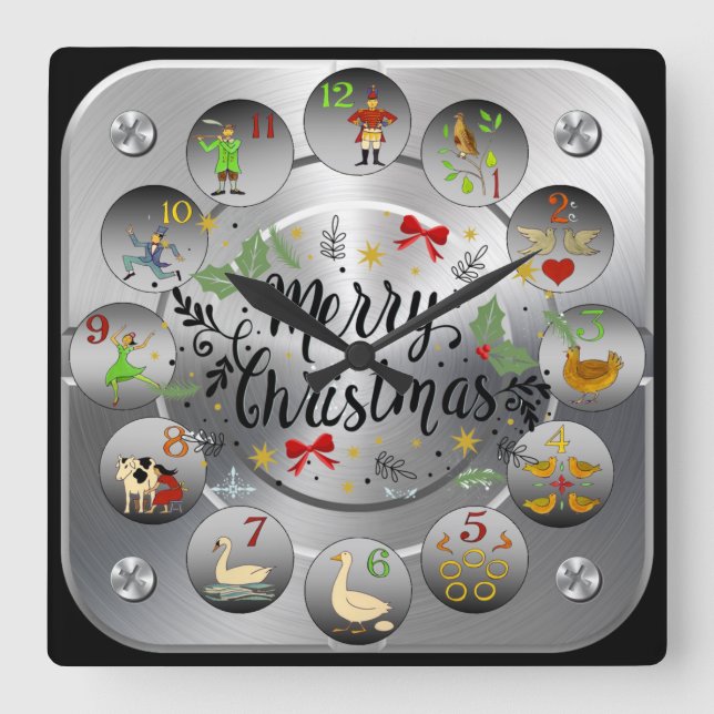 Horloge Carrée Joyeux Noël ~ Les 12 Jours De Noël ~ (Recto)