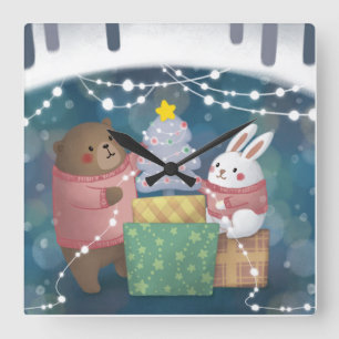 Horloge Carrée Joyeux Noël : ours et lapin