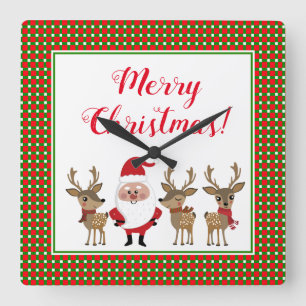 Horloge Carrée Joyeux Noël Père Noël Reindeer Rouge Vert Plaid 