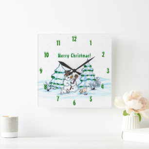 Horloge Carrée Joyeux Noël ! Snowman avec chat et chiot