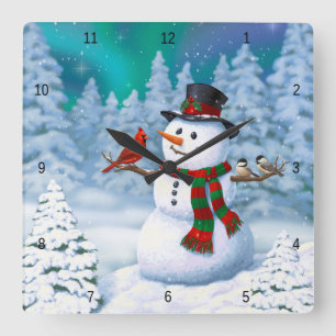 Horloge Carrée Joyeux Noël Snowman & Birds Winter Scene