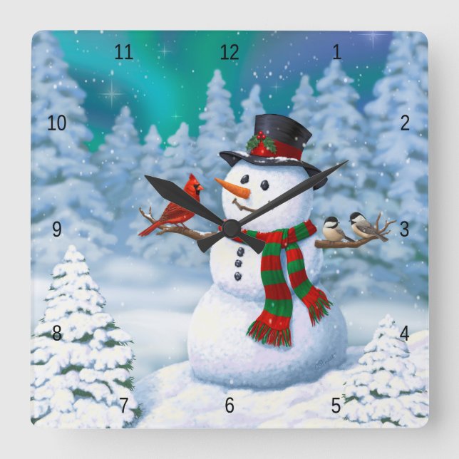 Horloge Carrée Joyeux Noël Snowman & Birds Winter Scene (Recto)