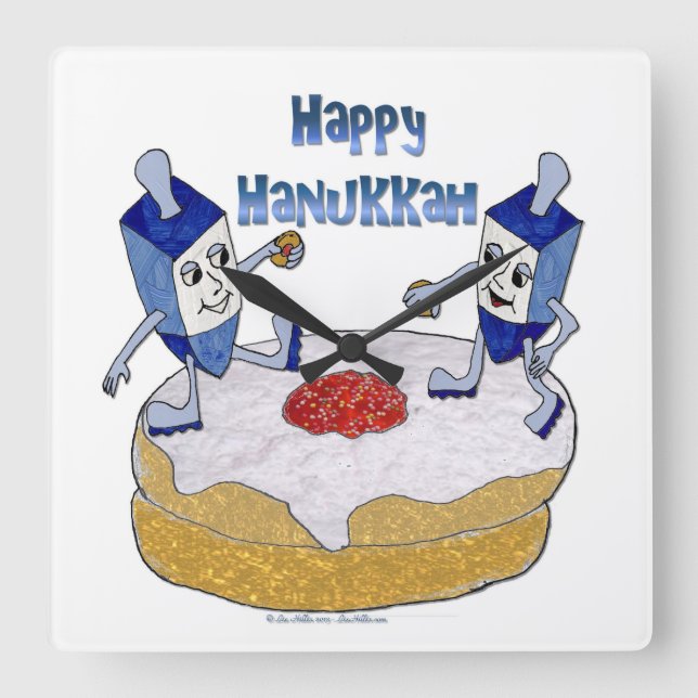 Horloge Carrée Judaica Happy Hanukkah Dancing Dreidels (Recto)