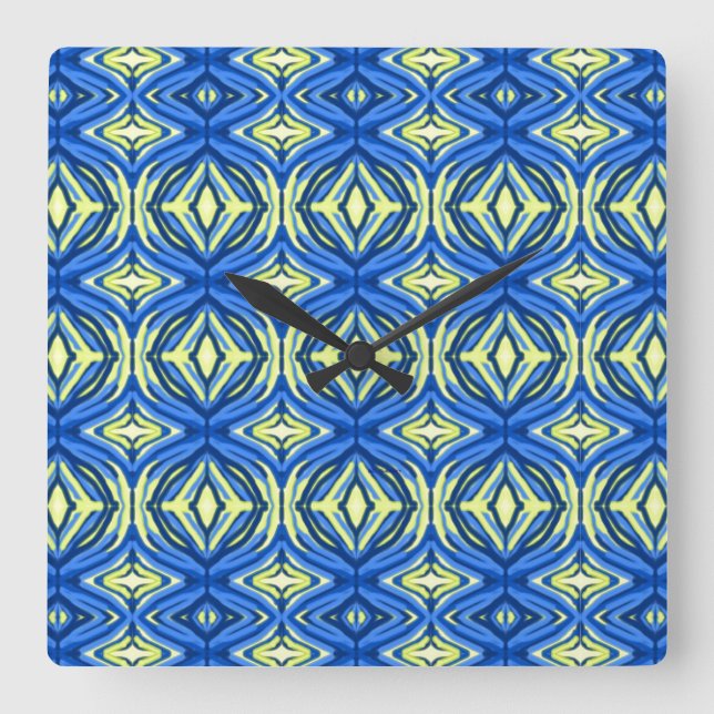 Horloge Carrée Kaleidoscope bleu et jaune (Recto)