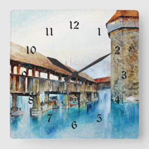 Horloge Carrée Kapellbrucke, peinture d'art,