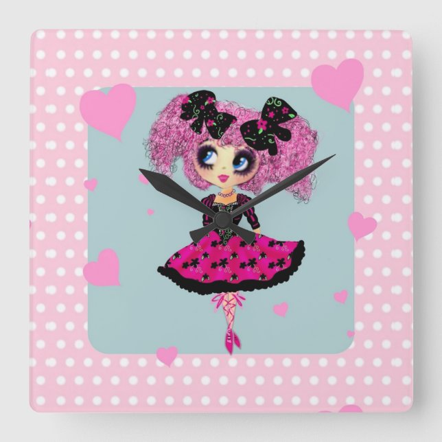 Horloge Carrée Kawaii Girl PinkyP - princesse du bal (Recto)